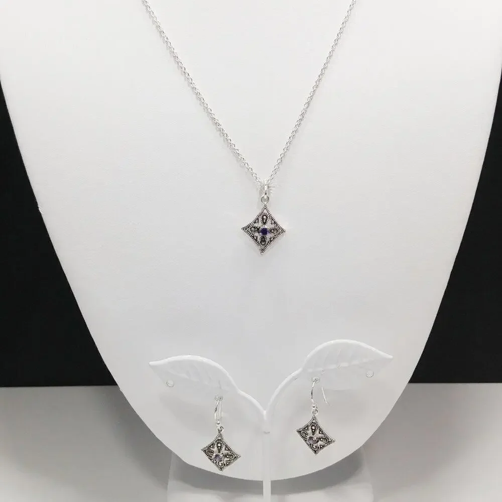 Marcasite Silver Plate Purple Rhinestone Necklace & Earrings, Made in Thailand